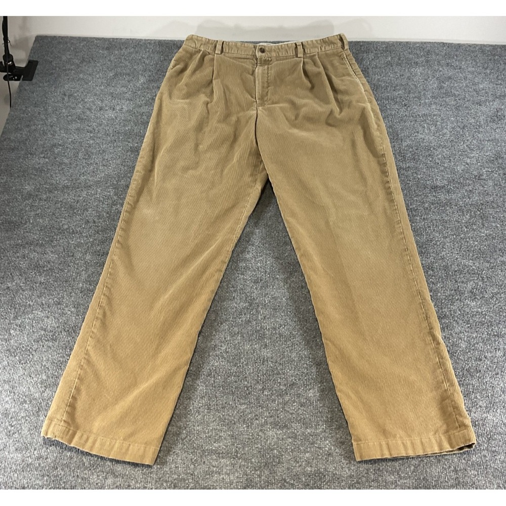 Eddie Bauer No Iron Pants Mens 36x34 Khaki Corduroy Pleated Casual Work Comfort